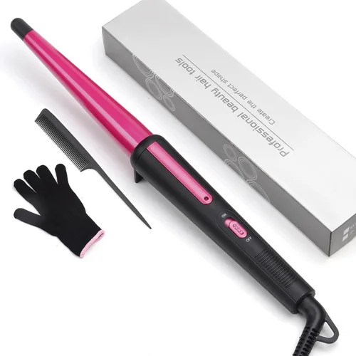 Rizador de pelo, rizador cónico de 0.5 a 1 pulgadas, rizador de pelo profesional de cerámica con guante resistente al calor, doble voltaje (oro rosa)