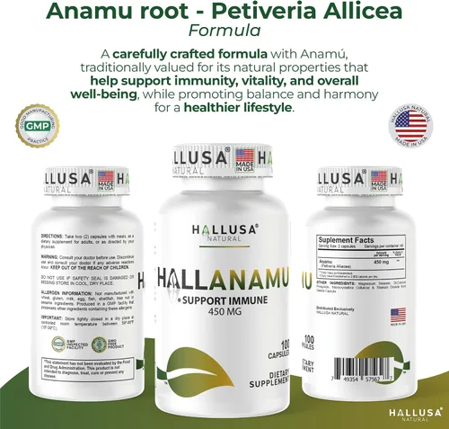Miniatura 3 de Hallusa Natural Raíz de Anamu 450 mg - Petiveria Allicea - Anamu Cápsulas Orgánicas - Sistema Inmunológico y Energía - 100 Cápsulas