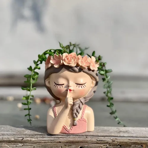 Miniatura 3 de Bonita maceta de resina para suculentas, maceta de flores para niña, cara humana, cactus, contenedor para bonsái, maceta para pulgar, estatua