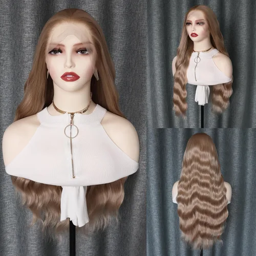 Miniatura 10 de Pelucas de encaje frontal sintéticas largas y rizadas de color gris para mujeres, parte central, línea natural del cabello, pelucas de encaje