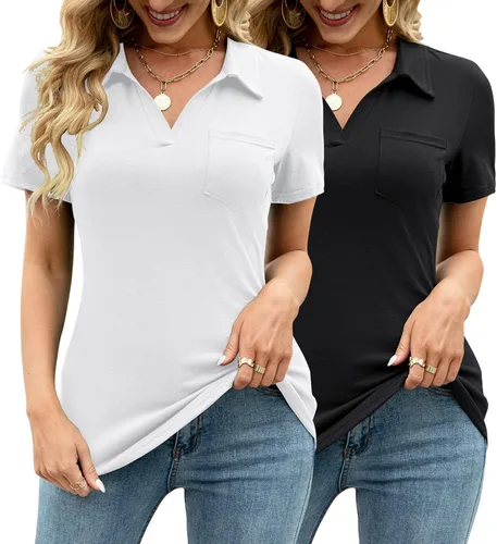 AKEWEI Camisas tipo polo con cuello en V para mujer, manga corta, holgadas, casuales, con bolsillo