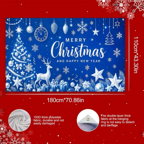 Miniatura 3 de HOMETITUTE Cartel de Navidad de 71 x 43 pulgadas, fondo azul de fotografía de invierno, copo de nieve, árbol de copo de nieve, fondo de fiesta