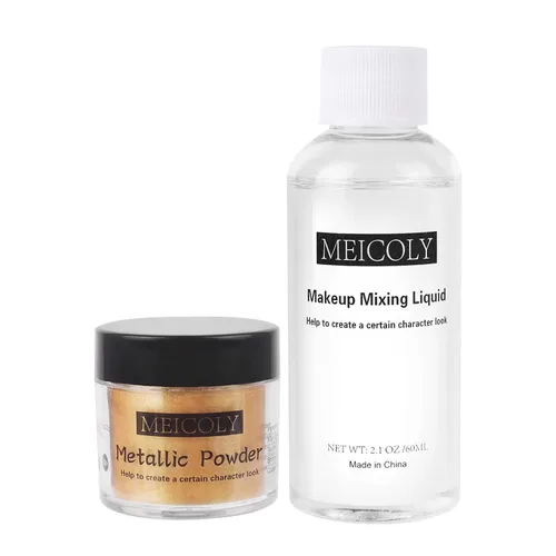MEICOLY Pintura facial dorada metálica, polvo de 0.7 onzas con líquido de mezcla de maquillaje de 2.1 onzas, pintura corporal de alto pigmento para