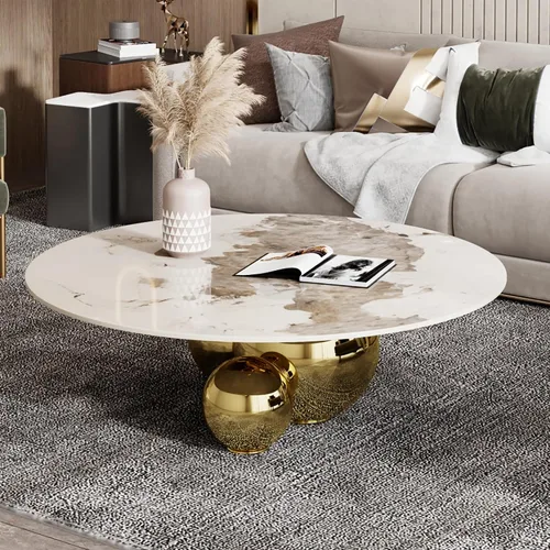 Mesa de centro redonda moderna de mármol, parte superior de aspecto de mármol de 39.4 pulgadas con base de bola dorada, mesa central para sala de