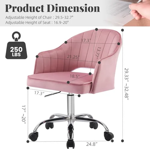 Miniatura 2 de MOJAY Silla de tocador moderna con ruedas, silla de oficina en casa de terciopelo recortado de respaldo medio, asiento suave giratorio de altura