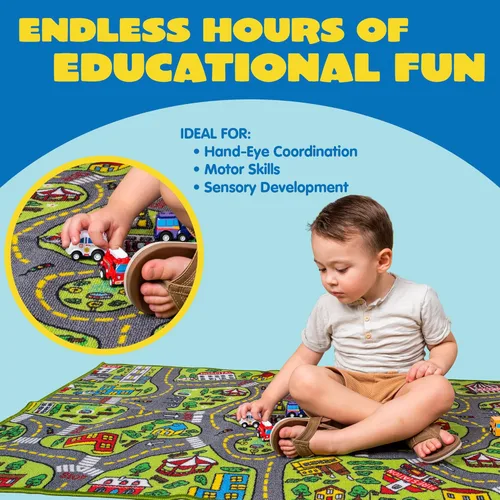 Miniatura 4 de JOYIN - Alfombras de juego para niños con juego de 12 vehículos de tracción trasera, alfombra duradera para niños, de simulación de ciudad
