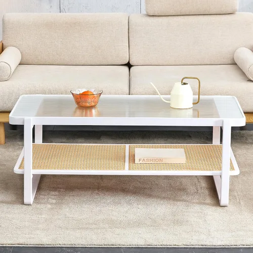 Miniatura 4 de Mesa de centro moderna minimalista blanca de doble capa de madera maciza. Mesa de cristal, mesa con borde de ratán de imitación. Mesa rectangular