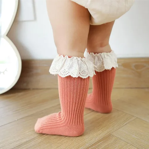Miniatura 8 de HOUSEYUAN Calcetines largos con volantes para bebés y niñas para recién nacidos con encaje en el muslo con volantes medias largas para niños de 6 a