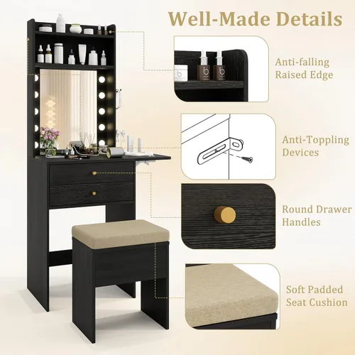 Miniatura 7 de CHARMAID - Escritorio pequeño de tocador con espejo y luces, mesa de tocador de maquillaje con estación de carga, cajones, estantes, mesa lateral