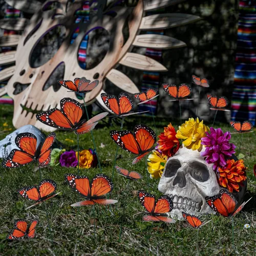 Miniatura 5 de Vicenpal 200 estacas de mariposa monarca, mariposa monarca para el día de los muertos, adornos de jardín impermeables, 4 tamaños diferentes