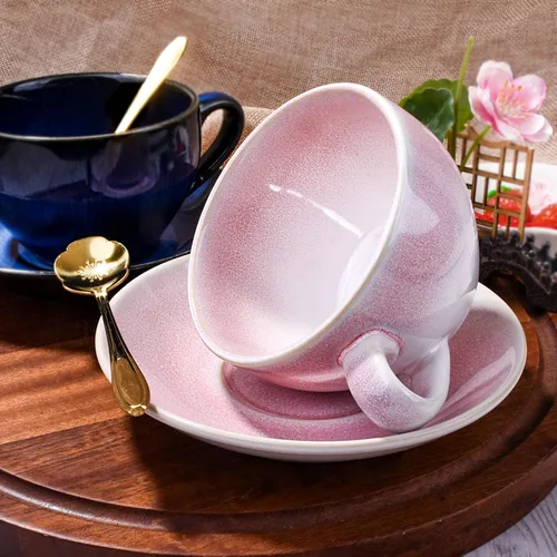 Miniatura 3 de Juego de taza de café y platillo de cerámica azul con cuchara dorada, juego de tazas de té artesanales de esmalte azul profundo de 10 onzas, taza