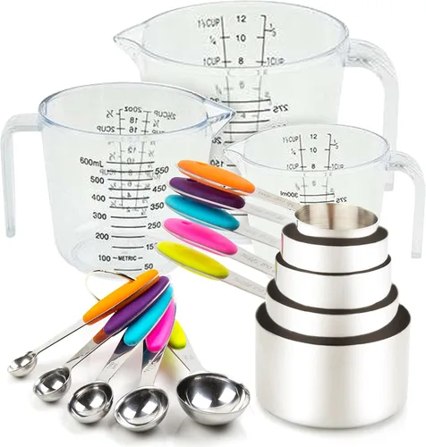 Juego de tazas y cucharas medidoras de 13 piezas. Incluye 10 cucharas y tazas medidoras de acero inoxidable y 3 tazas medidoras de plástico. Juego