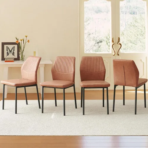 Miniatura 5 de Juego de 4 sillas de comedor de piel sintética marrón, cómodas sillas de cocina tapizadas sin brazos con patas de metal negro para sala de estar