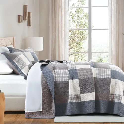 Miniatura 3 de KALOOLA Colcha de granja tamaño King – Juego de ropa de cama acolchada ligera 100% algodón, 3 piezas, colcha a cuadros estampada con 2 fundas