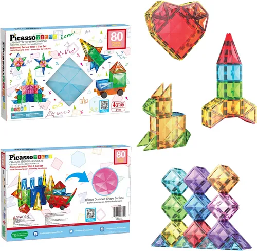 Miniatura 3 de PicassoTiles Paquete de construcción: 80 piezas de diamante + 60 piezas de azulejos magnéticos de bloques de construcción: juguete educativo STEAM