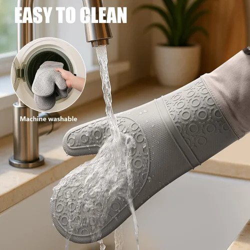 Miniatura 7 de Rorecay Juego de 6 guantes de horno y soportes para ollas para cocina, guantes de horno extralargos de silicona, resistentes al calor, 500 grados