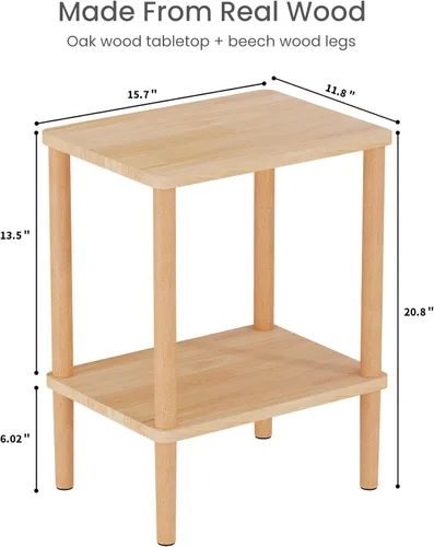 Miniatura 3 de LUCKNOCK - Mesa auxiliar de madera maciza, mesa auxiliar de 2 niveles con estante de almacenamiento, mesita de noche estrecha para espacios