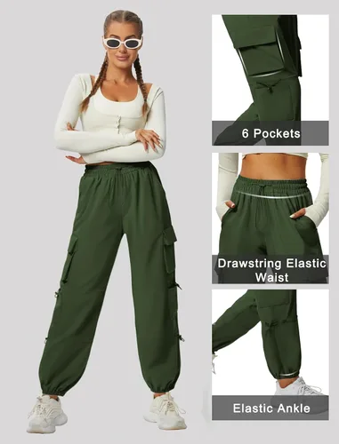 Miniatura 5 de Pantalones cargo de secado rápido, ligeros, tácticos, con 6 bolsillos, para mujer, cintura elástica y resistente al agua