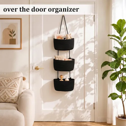 TeoKJ Organizador para Colgar sobre la Puerta, Bolsa de Almacenamiento de 3 Niveles Tejida de Algodón para Cocina con Ganchos, Cestas Colgantes Negro