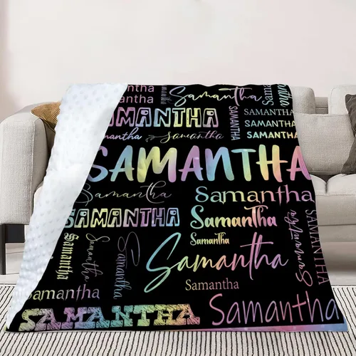 Miniatura 3 de Manta con nombre personalizable, diseño de nombre múltiple, manta de franela de felpa suave personalizada con respaldo punteado de doble capa