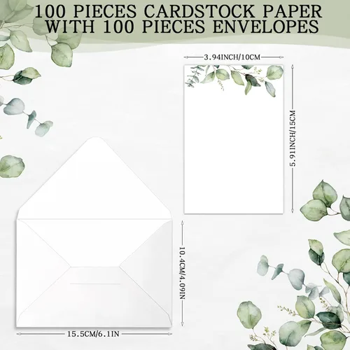 Miniatura 2 de Juego de 100 cartulina verde con sobres de 4 x 6 pulgadas, tarjetas de felicitación decorativas de flores en acuarela con hojas verdes para boda
