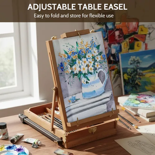 Miniatura 5 de Falling in Art - Caballete de campo y boceto estilo francés ligero con trípode de aluminio, caballete de pie de madera de haya ajustable con cajón