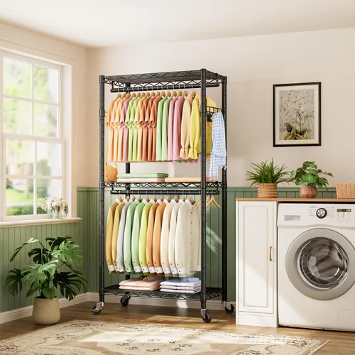 Miniatura 8 de Estante para ropa resistente con ruedas, estante enrollable para prendas, estantes ajustables de alambre de 3 niveles para colgar ropa con barras