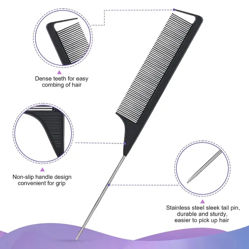 Miniatura 4 de Juego de 4 peines de pelo para peinar, cepillo de cerdas para el cabello, peine de cola de rata y peine de dientes anchos para mujeres, niñas y Negro