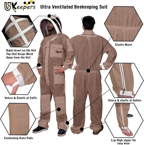 Miniatura 4 de Traje de abeja ultra ventilado de 3 capas para hombres y mujeres, traje de apicultura prémium con guantes de abeja y dos velos de apicultura Marrón