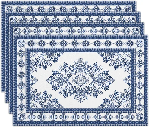 Juego de 4 manteles individuales florales azules, 12 x 18 pulgadas, impermeables, lavables, resistentes al calor, manteles individuales para