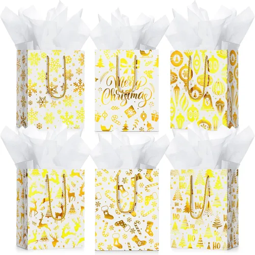 Miniatura 7 de Cholemy 16 piezas de bolsas de regalo de Navidad medianas gruesas con papel de seda, bolsas de papel kraft de Navidad con asas para envolver regalos