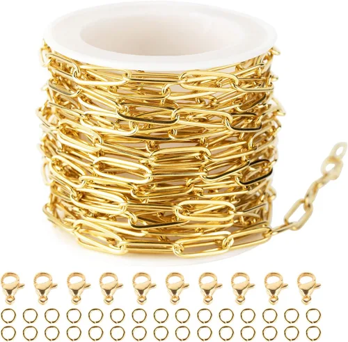 Miniatura 14 de YOUBEIYEE Cadena de acero inoxidable de 16.4 pies para hacer joyas, cadenas chapadas en oro con clip en relieve, a granel con anillos de salto