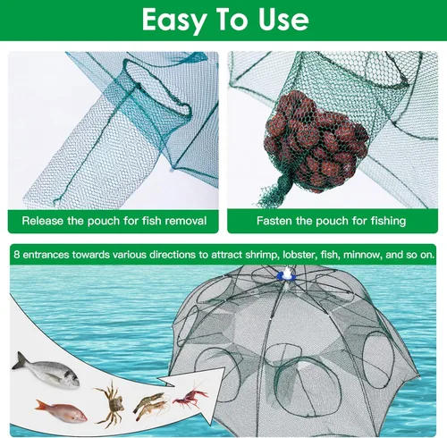 Miniatura 5 de Red plegable para trampa de peces para cangrejos, cangrejos, minnows, camarones - Jaula de cebo de pesca plegable automática con 8 entradas, fácil