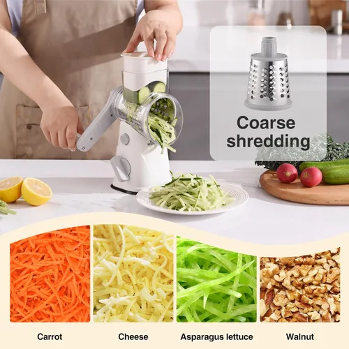 Miniatura 4 de Rallador Giratorio de Queso con Manivela Manual, Mandolina de Cocina Rallador de Verduras y Queso con 3 Cuchillas Intercambiables, Rallador