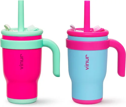 Miniatura 27 de VINUR Vaso para niños con asa - 14 oz de acero inoxidable con aislamiento al vacío de doble pared con tapa y pajita, vaso de agua de viaje