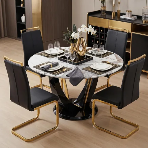 Miniatura 30 de Juego de mesa de comedor redonda de 48'' para 4, juego de mesa y sillas de cocina de mármol, conjunto de 4, mesa redonda con pata de MDF negro