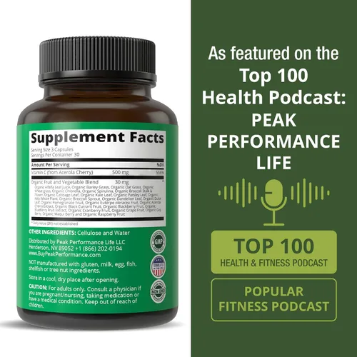 Miniatura 6 de Peak Performance Cápsulas de Vitamina C Natural de Aceituna Entera Cruda de Acerola para Máxima Absorción. Suplemento de Vitamina C Vegano de Origen