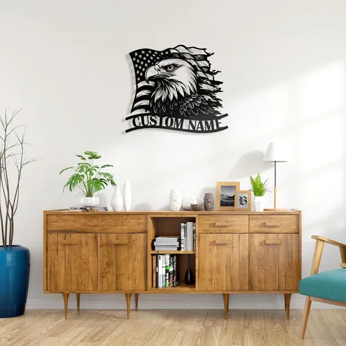 Miniatura 8 de Letrero de metal personalizado de águila y bandera estadounidense, arte de pared patriótico con nombre personalizado, decoración de hierro