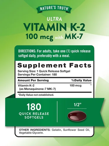 Miniatura 2 de Nature's Truth Vitamina K2 MK-7 100 mcg 180 cápsulas blandas Suplemento sin OMG y sin gluten