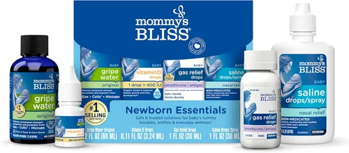 Mommy's Bliss Kit de 4 piezas de artículos esenciales para recién nacidos y bebés - Con agua anisada, gotas para aliviar los gases, vitamina D 400IU