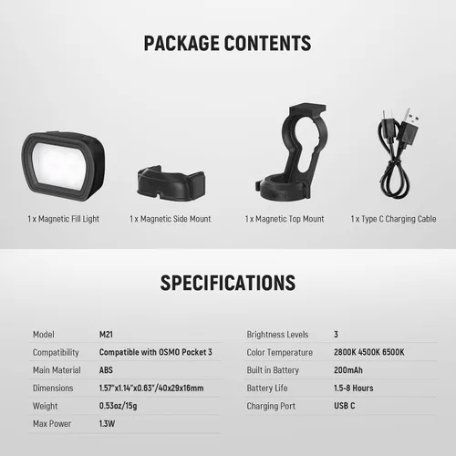 Miniatura 9 de NEEWER Basics - Luz auxiliar magnética compatible con DJI OSMO Pocket 3 Gimbal Camera Creator Combo, USB C recargable, mini LED, accesorio