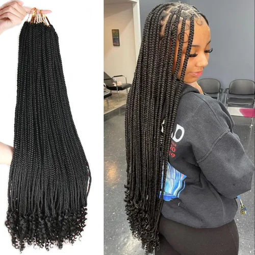 Miniatura 16 de Trenzas de ganchillo para mujer, 144 raíces/paquete, trenza negra con extremos rizados, trenzas de caja de 14 pulgadas, 24 mechones por pieza