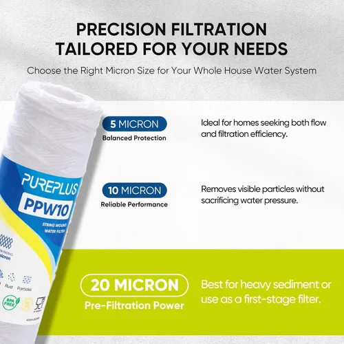 Miniatura 2 de PUREPLUS Filtro de sedimentos para heridas de cuerda para toda la casa de 20 micrones de 10 x 2.5 pulgadas para agua de pozo, cartucho de repuesto