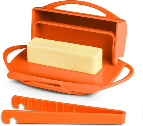 Butterie Mantequillera abatible con tapa y esparcidor de cuchillos a juego para encimera con pinzas para tostadora, bandeja de mantequilla sin