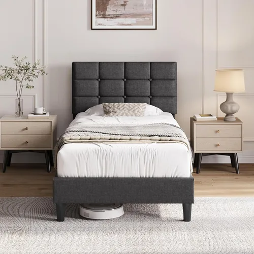 Miniatura 14 de Yaheetech Marco de Cama Tapizado, Plataforma de Cama Queen Moderna con Cabecera de Capitoné con Costuras Cuadradas y Botones, Altura Ajustable, Beige