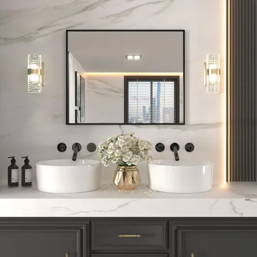 Miniatura 29 de LOAAO Espejo de Baño Rectangular de 22"X30" Negro para Pared, Marco de Aleación de Aluminio Negro Mate, Se Cuelga Vertical u Horizontalmente, Fácil