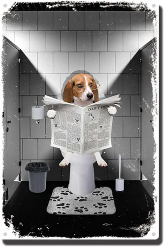 Letrero de metal Beagle Dog Reading The Newspaper On WC, letrero de metal para decoración de pared, barra de cueva de hombre, 8 x 12 pulgadas