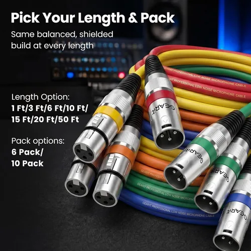 Miniatura 3 de GEARit XLR Cables de 1 pie 6 unidades de varios colores, cable de micrófono XLR macho a hembra, cable de micrófono blindado equilibrado