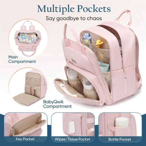 Miniatura 5 de Qualyphant Mochila de pañales extra grande – Bolsa de pañales para 2 niños gemelos (expandible 30L-38L) – Bonita mochila de viaje para bebé con Rosa