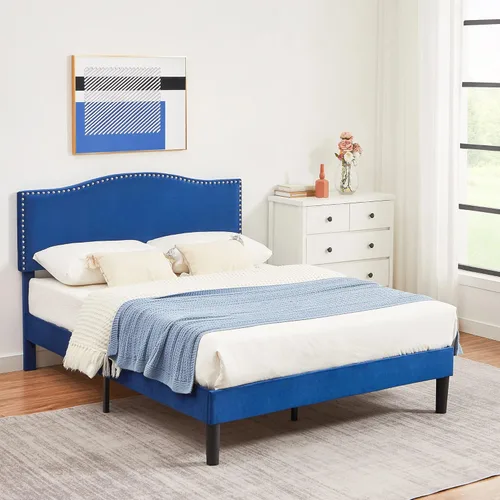 Miniatura 9 de VECELO Base de cama tamaño Queen, base de cama de plataforma con cabecera tapizada de altura ajustable, marcos resistentes y fuerte soporte